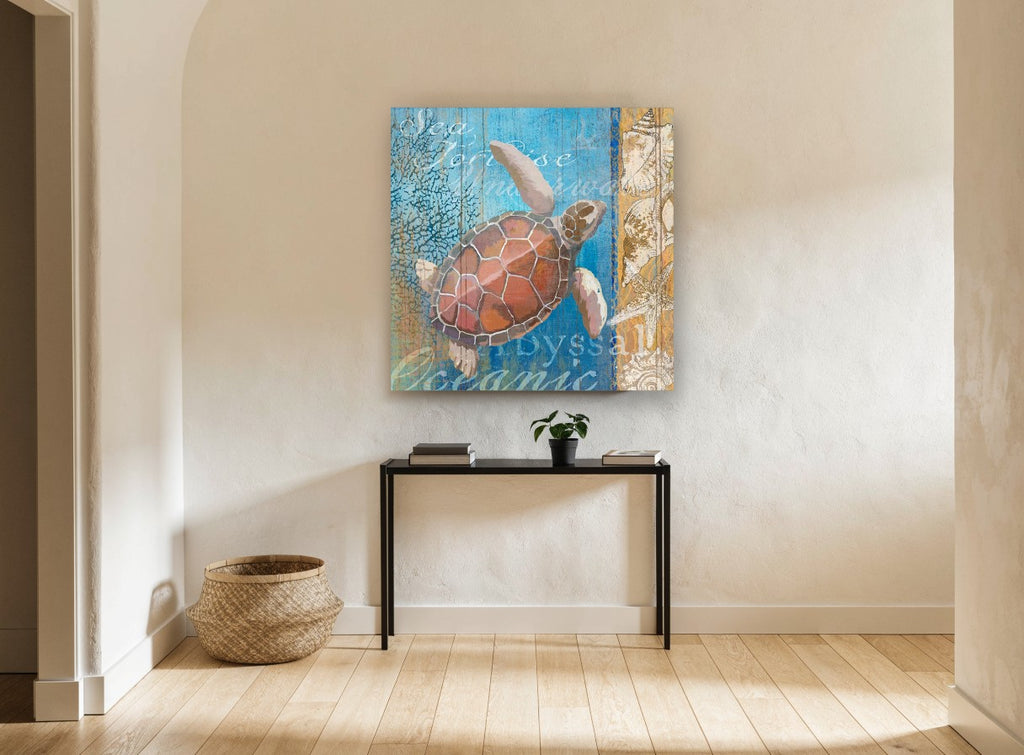 Sea Turtle Driftwood Panel coastal canvas print on the wall of a hallway