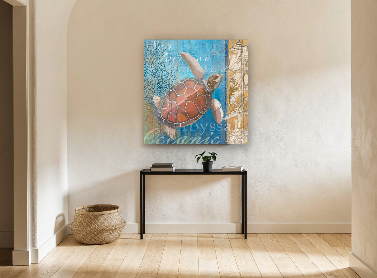 Sea Turtle Driftwood Panel coastal canvas print on the wall of a hallway