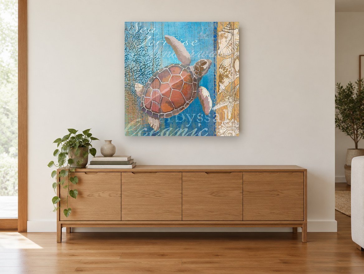 Sea Turtle Driftwood Panel coastal canvas print on the wall of a living room above a sideboard