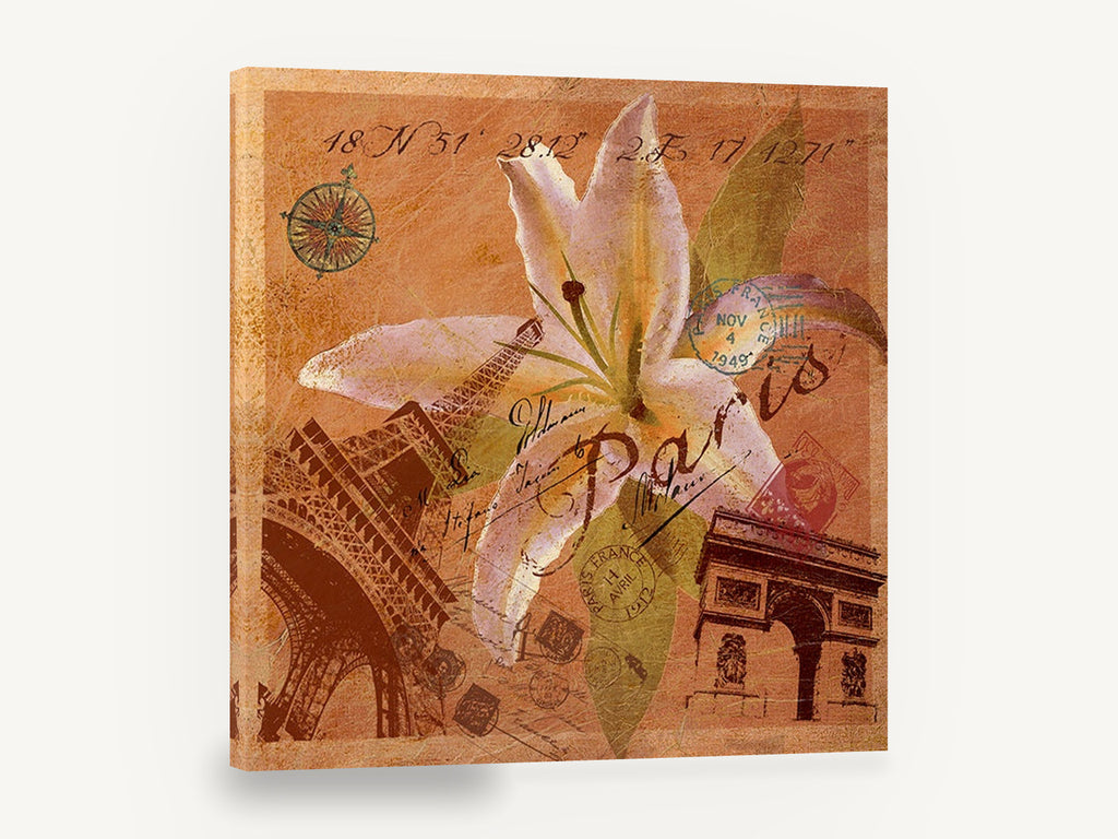 Paris Lily Collage, paris lily vintage travel collage, floral canvas wall art print ready to hang