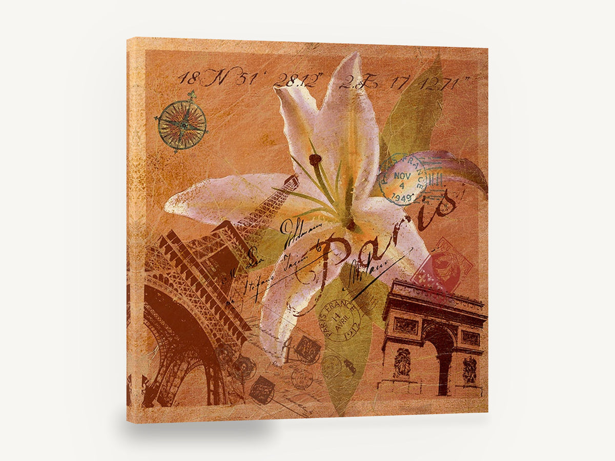 Paris Lily Collage, paris lily vintage travel collage, floral canvas wall art print ready to hang
