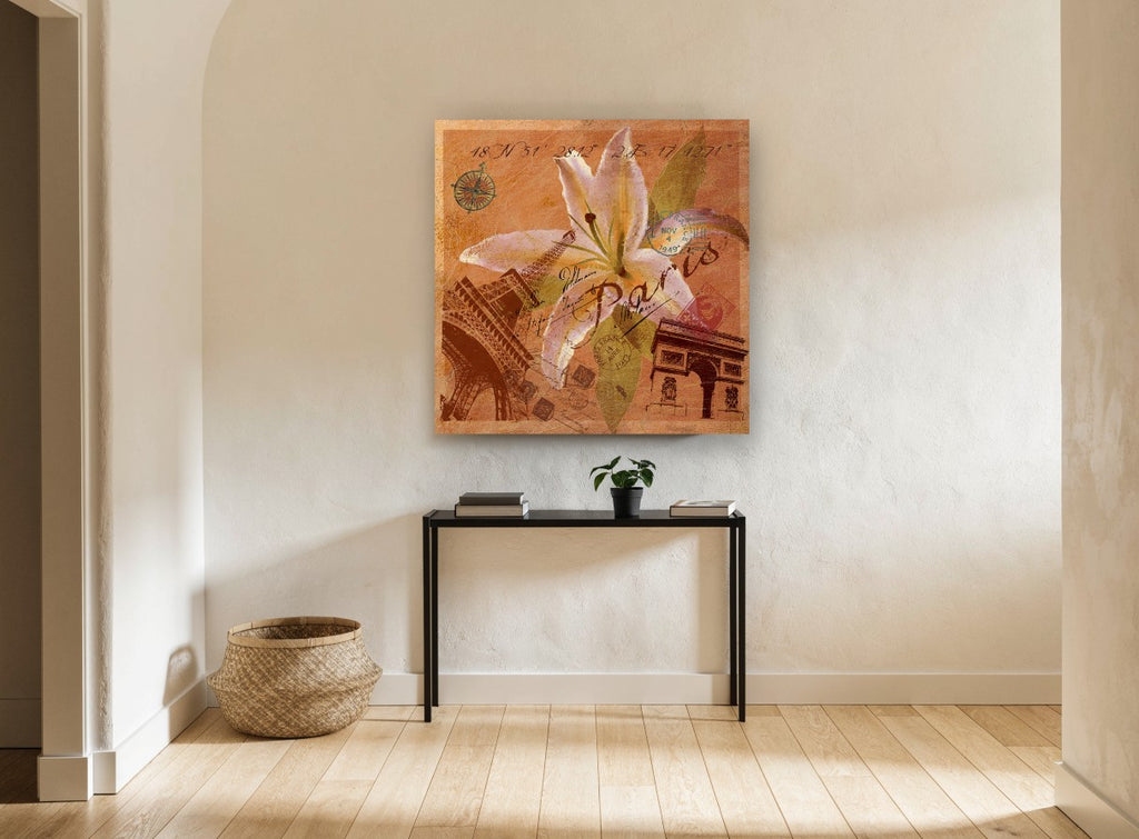 Paris Lily Collage floral canvas print on the wall of a hallway