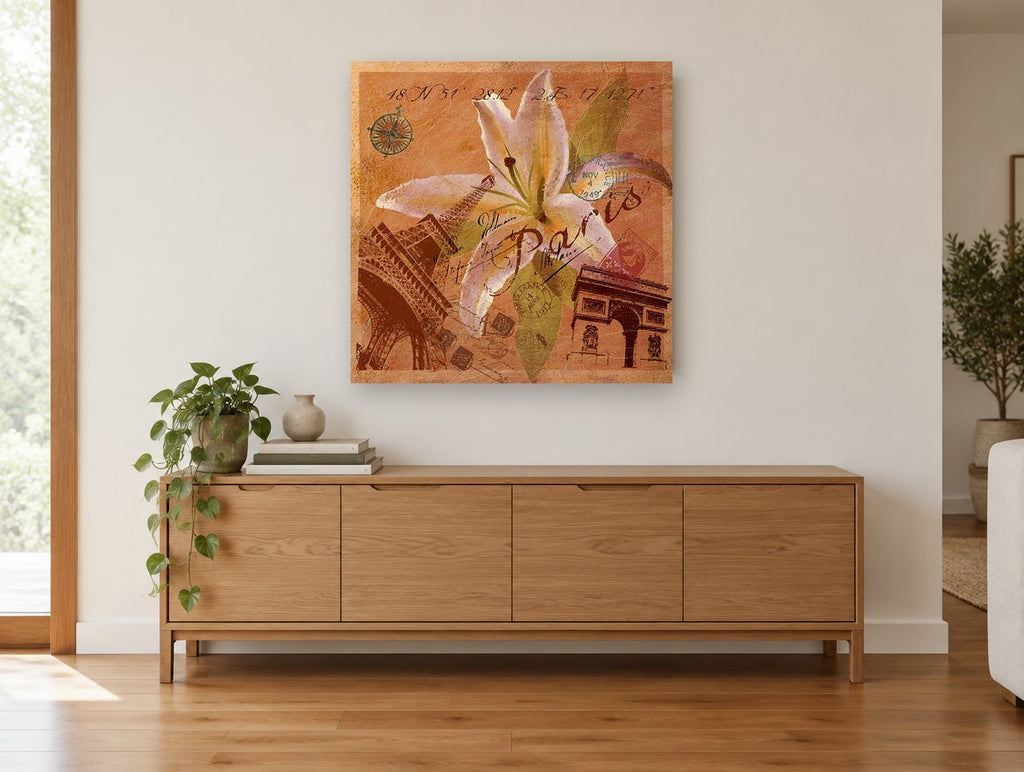 Paris Lily Collage floral canvas print on the wall of a living room above a sideboard