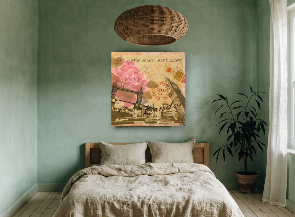London Rose Postcard floral canvas print on the wall of a bedroom