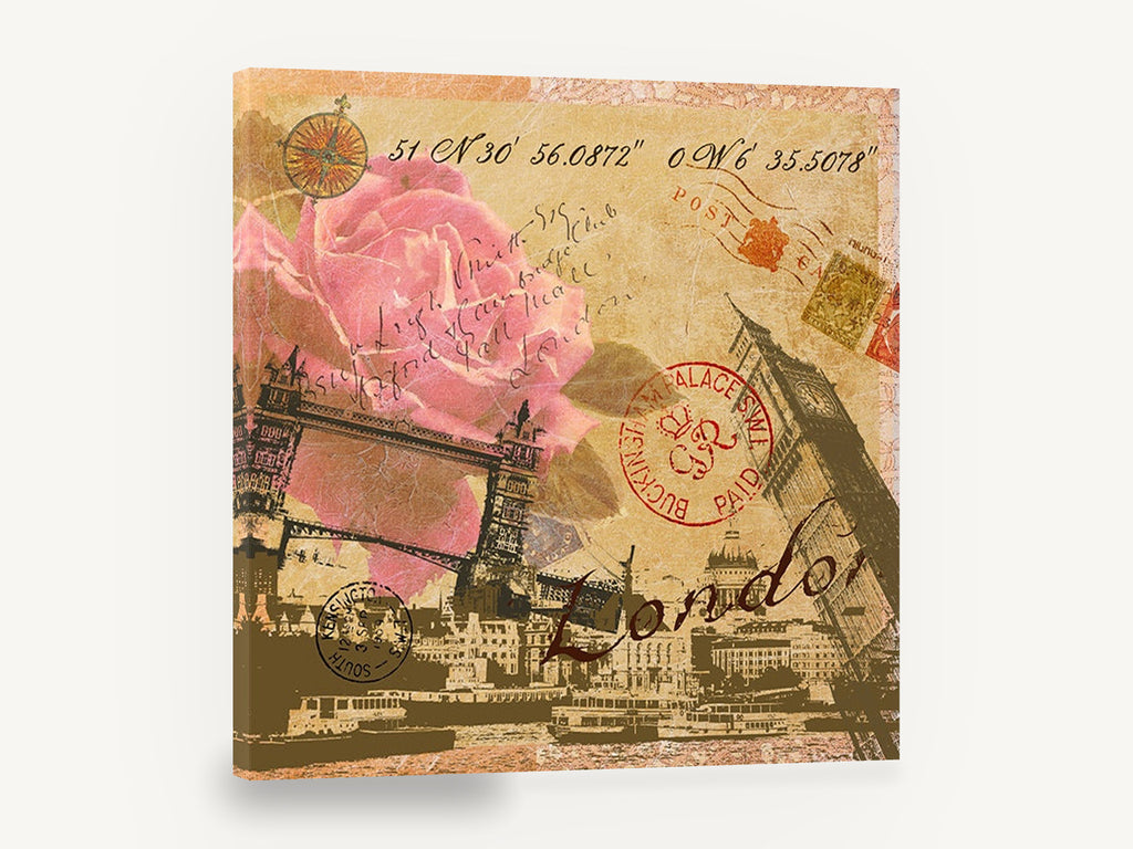 London Rose Postcard, vintage london rose postmark collage, floral canvas wall art print ready to hang