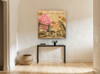London Rose Postcard floral canvas print on the wall of a hallway