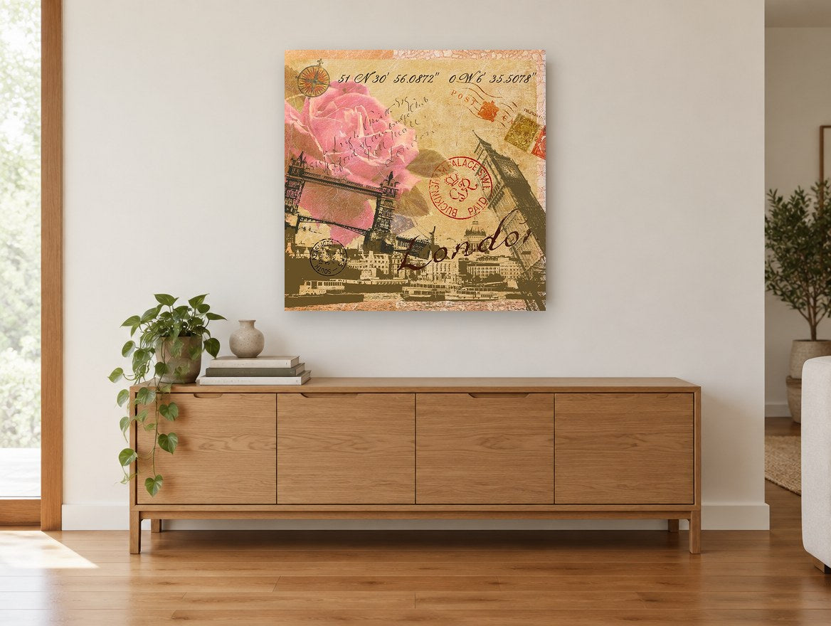 London Rose Postcard floral canvas print on the wall of a living room above a sideboard