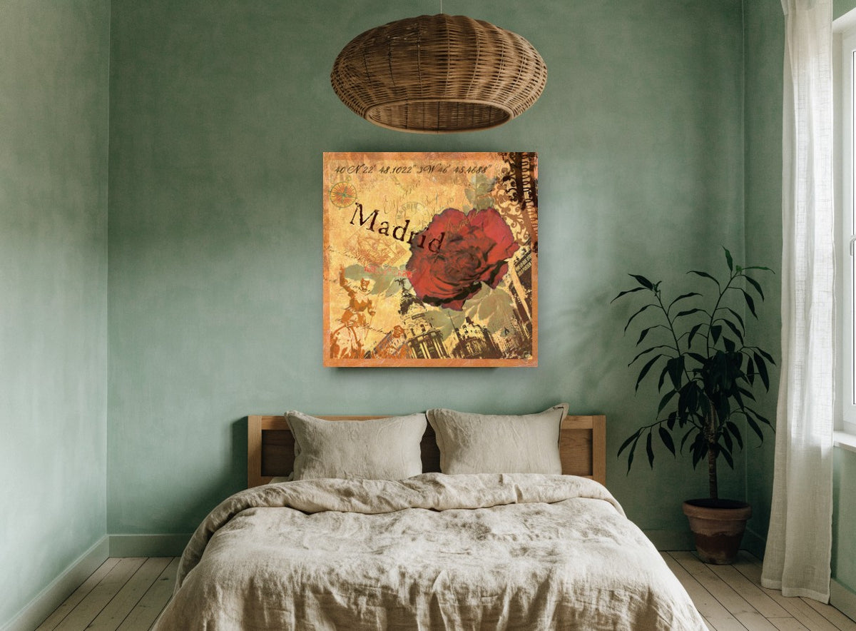 Madrid Rose Collage floral canvas print on the wall of a bedroom