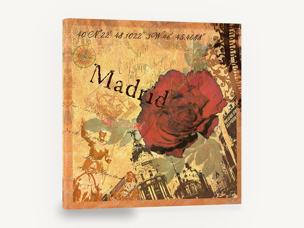 Madrid Rose Collage, madrid travel collage red rose, floral canvas wall art print ready to hang