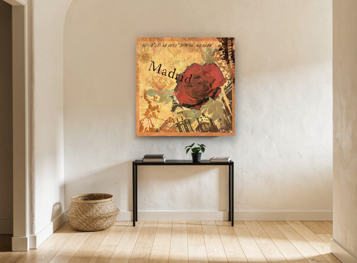 Madrid Rose Collage floral canvas print on the wall of a hallway