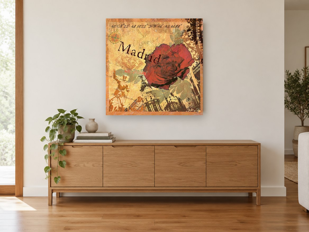 Madrid Rose Collage floral canvas print on the wall of a living room above a sideboard