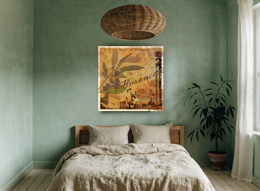 Florence Olive Postcard floral canvas print on the wall of a bedroom