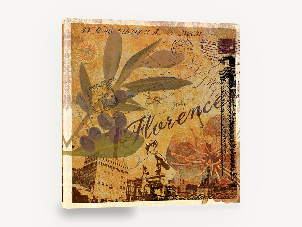 Florence Olive Postcard, florence italy olive branch travel collage, floral canvas wall art print ready to hang