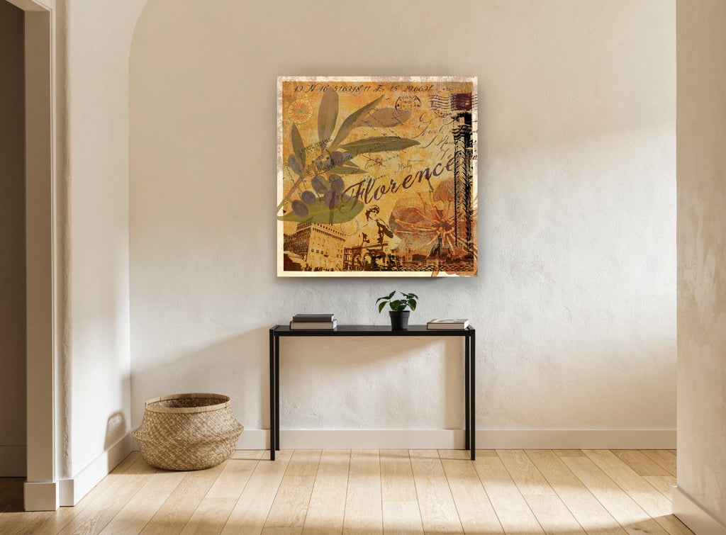 Florence Olive Postcard floral canvas print on the wall of a hallway
