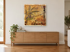 Florence Olive Postcard floral canvas print on the wall of a living room above a sideboard