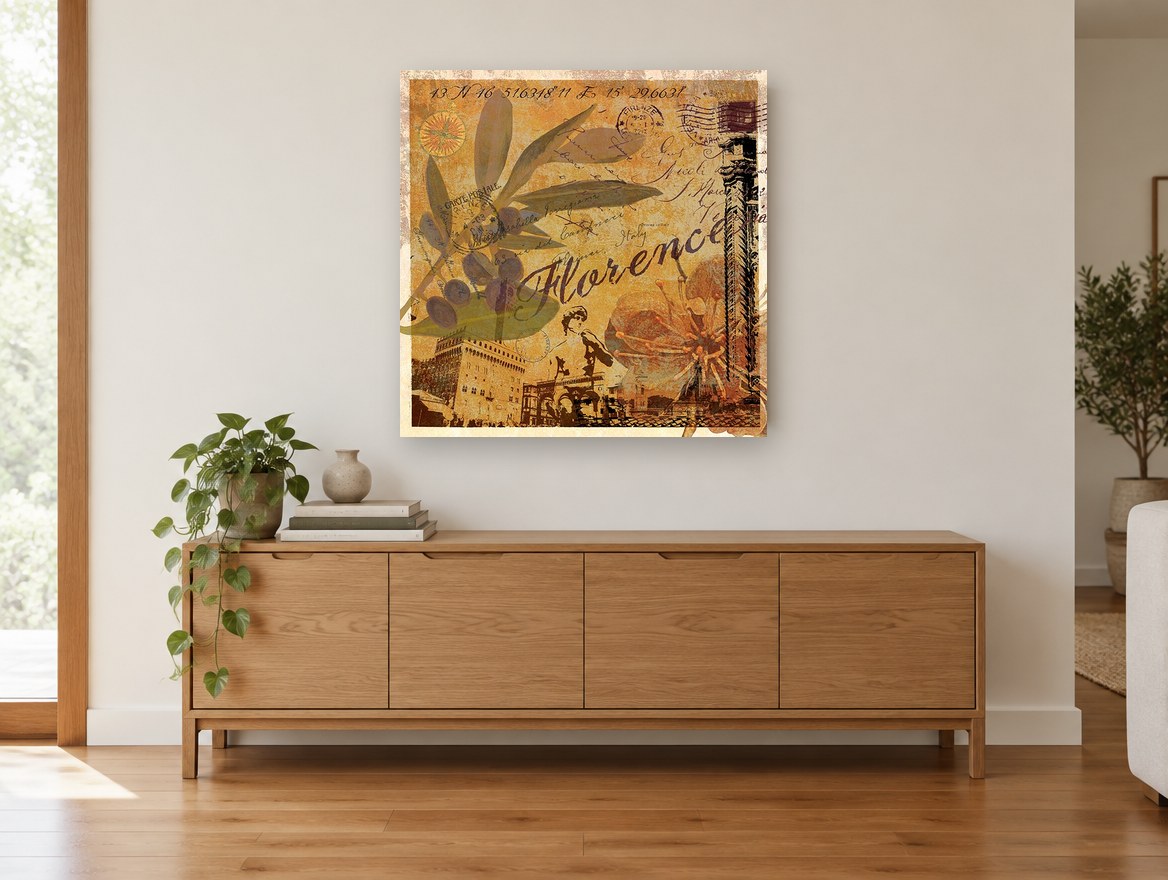 Florence Olive Postcard floral canvas print on the wall of a living room above a sideboard