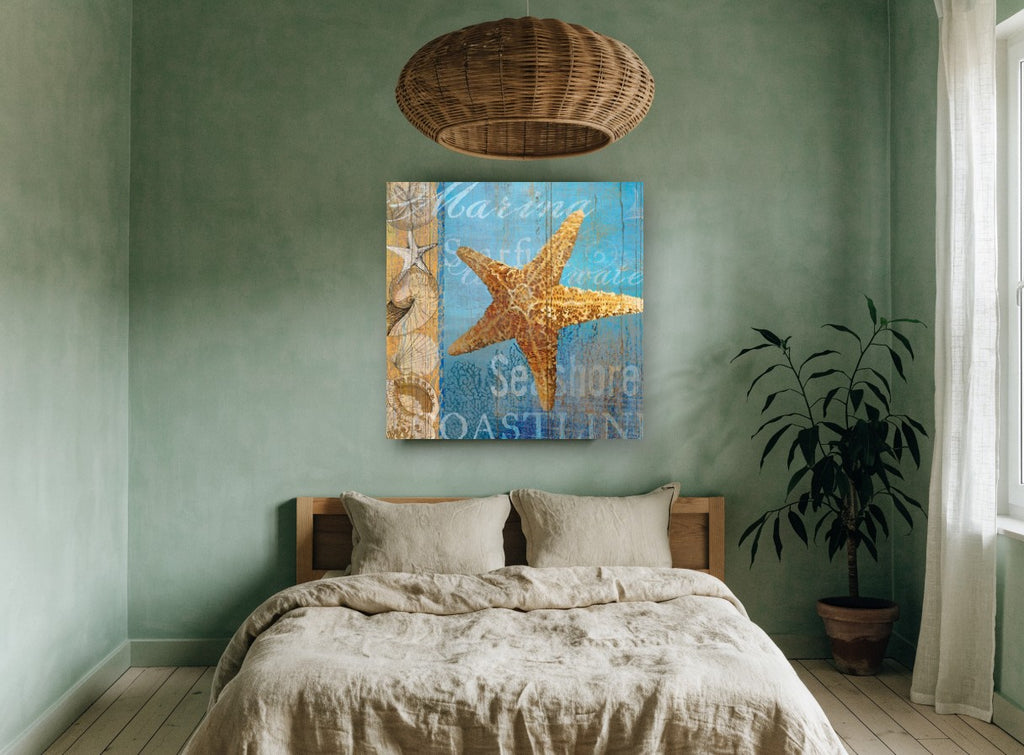 Golden Starfish Seashore coastal canvas print on the wall of a bedroom