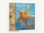 Golden Starfish Seashore, golden starfish weathered blue timber, coastal canvas wall art print ready to hang