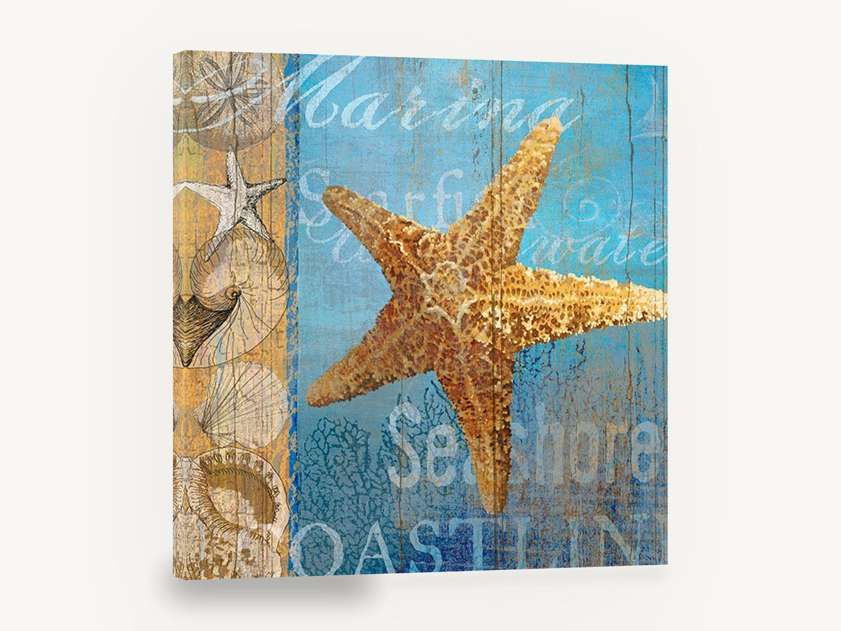 Golden Starfish Seashore, golden starfish weathered blue timber, coastal canvas wall art print ready to hang