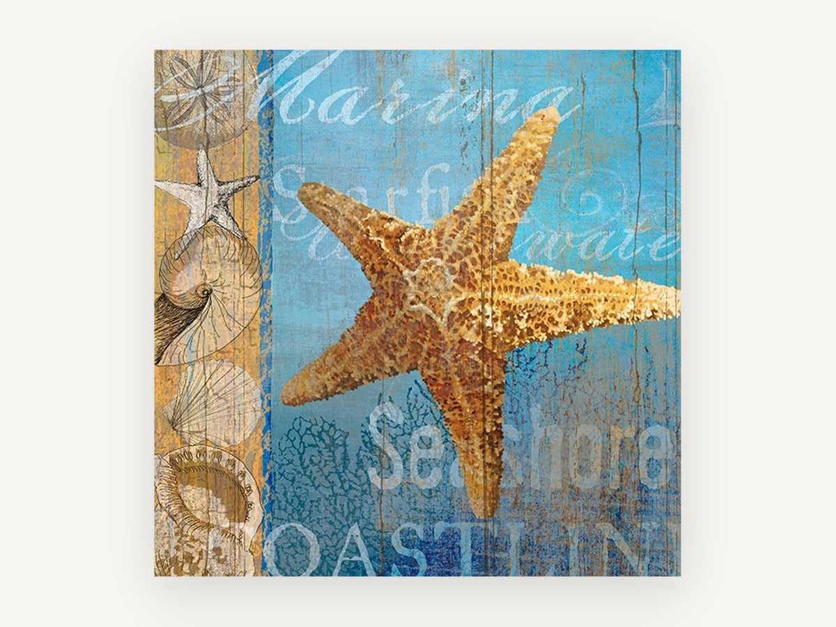 Golden Starfish Seashore, coastal canvas wall art print, front view