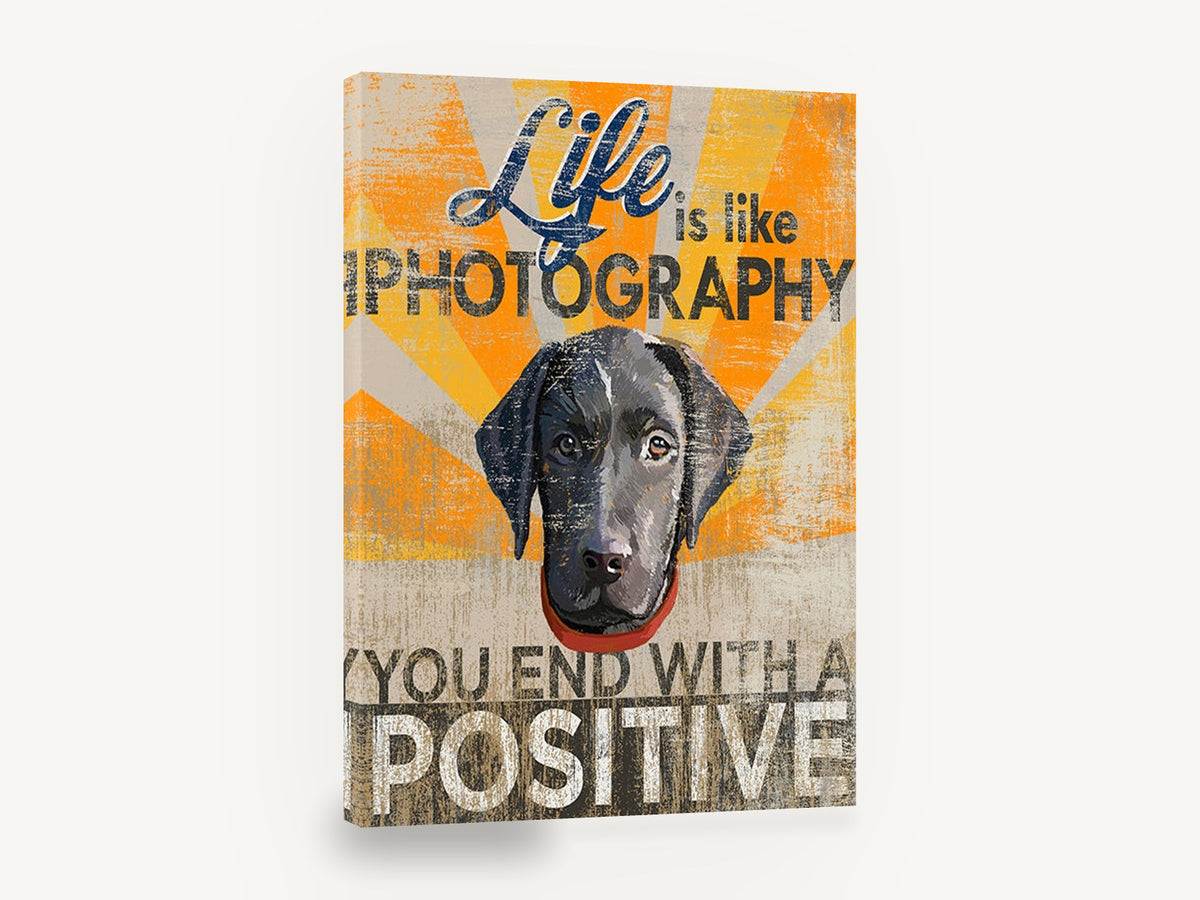 Positive Lab Pup, black labrador puppy typography illustration, animal canvas wall art print ready to hang