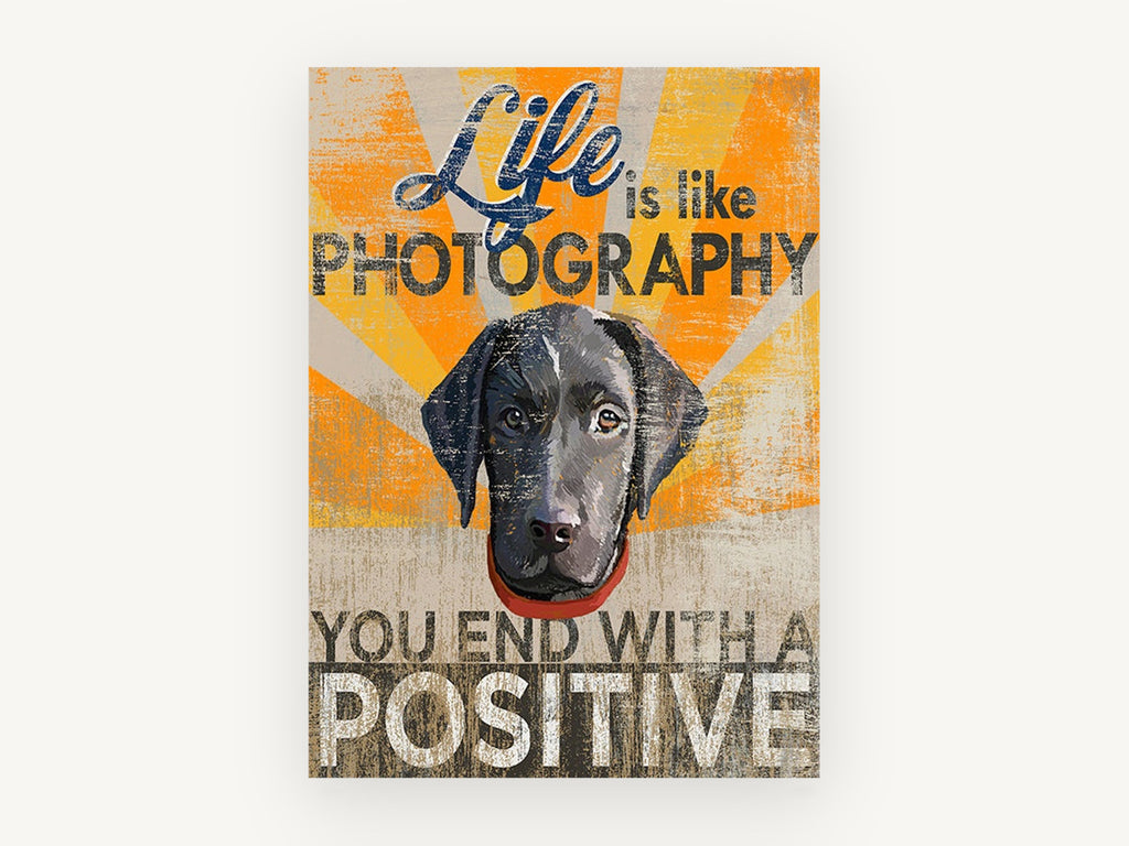 Positive Lab Pup, black labrador puppy typography illustration, animal canvas wall art print, front view