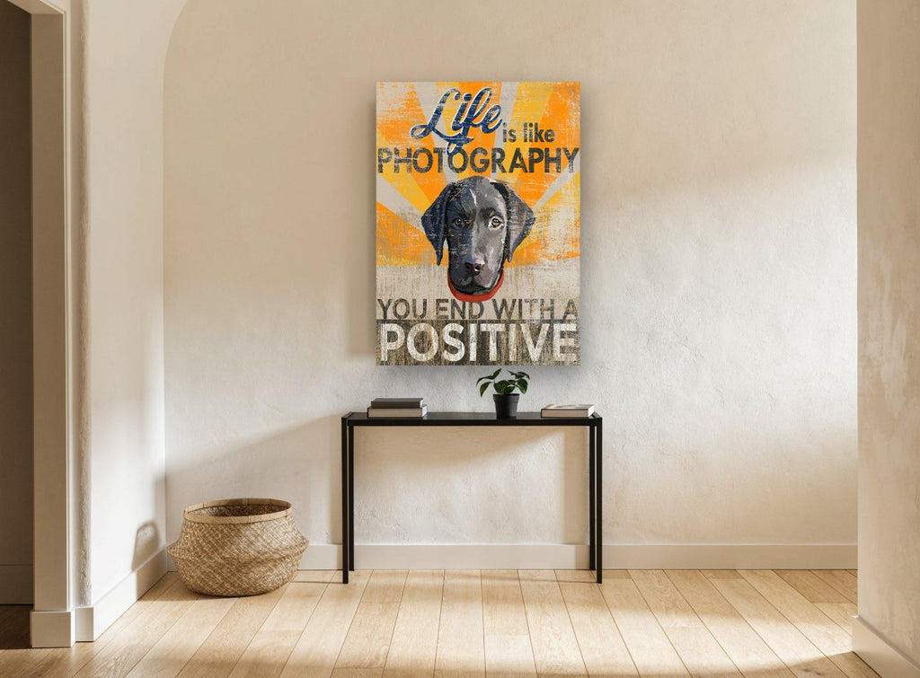 Positive Lab Pup animal canvas print on the wall of a hallway