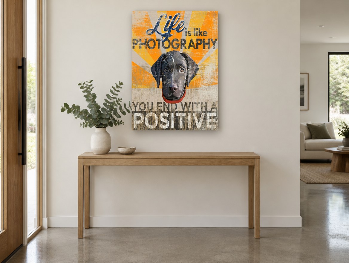 Positive Lab Pup animal canvas print on the wall of a entry hall