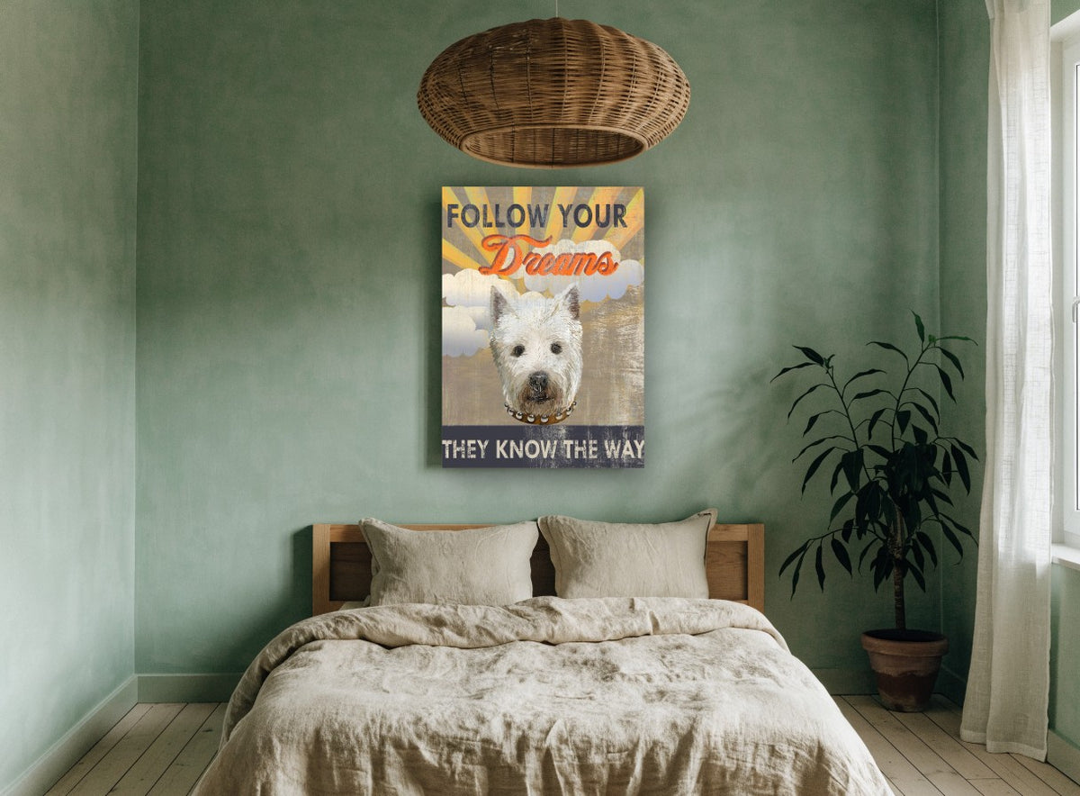 Dreaming Westie Sunburst animal canvas print on the wall of a bedroom