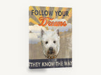 Dreaming Westie Sunburst, west highland terrier typography illustration, animal canvas wall art print ready to hang