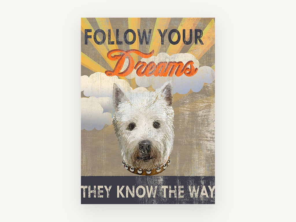 Dreaming Westie Sunburst, west highland terrier typography illustration, animal canvas wall art print, front view