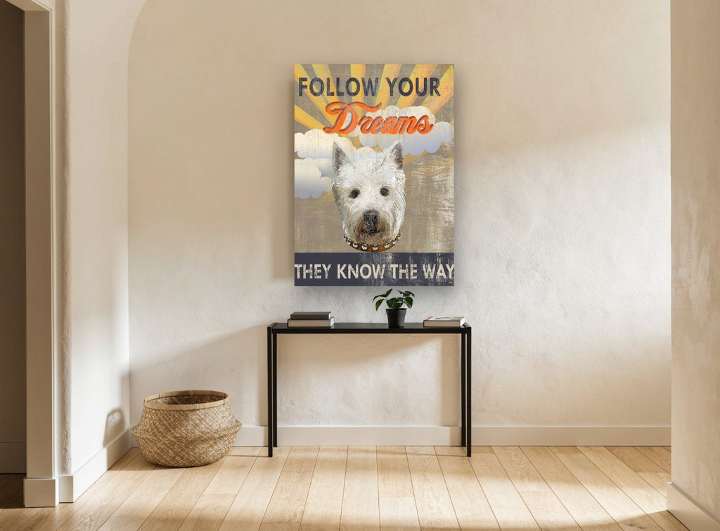 Dreaming Westie Sunburst animal canvas print on the wall of a hallway
