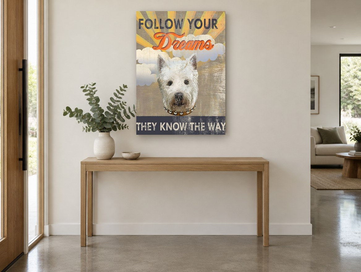 Dreaming Westie Sunburst animal canvas print on the wall of a entry hall