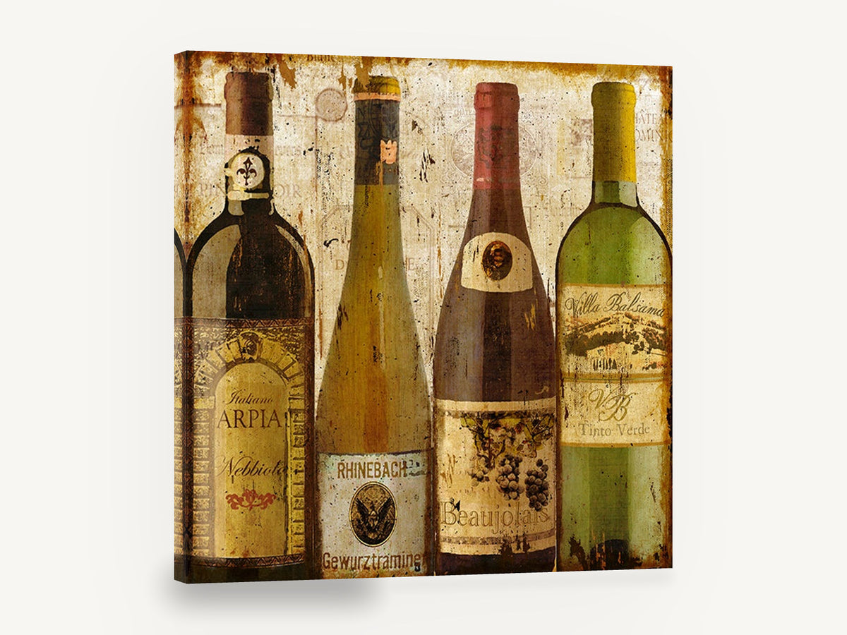 Four Wine Bottles, vintage european wine bottle label, stretched canvas wall art print ready to hang