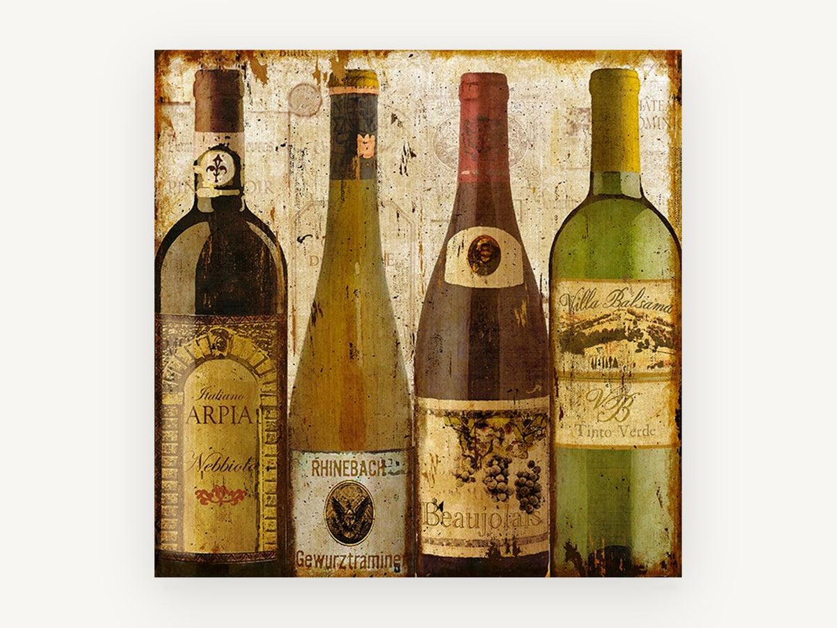 Four Wine Bottles, vintage canvas wall art print, front view