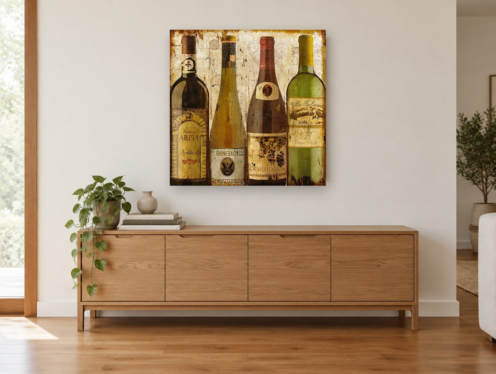Four Wine Bottles vintage canvas print on the wall of a living room above a sideboard