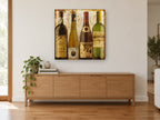 Four Wine Bottles vintage canvas print on the wall of a living room above a sideboard