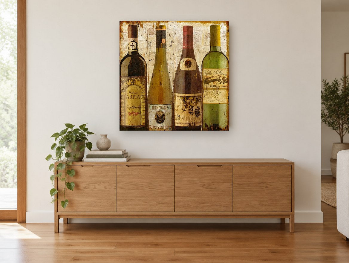 Four Wine Bottles vintage canvas print on the wall of a living room above a sideboard
