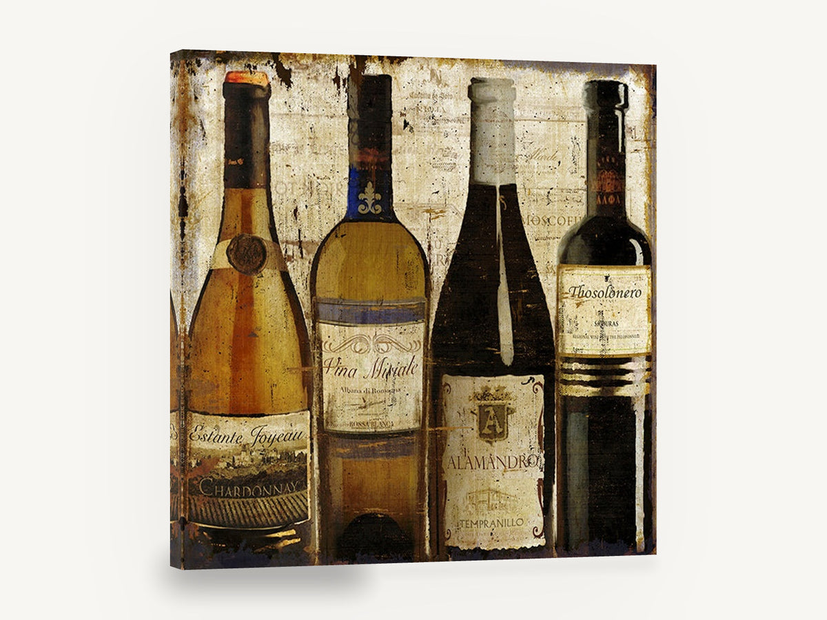 Four European Wine Bottles, vintage wine bottle label, stretched canvas wall art print ready to hang