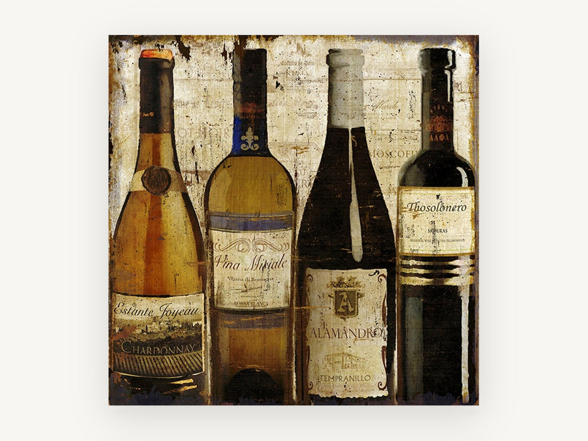 Four European Wine Bottles, vintage canvas wall art print, front view