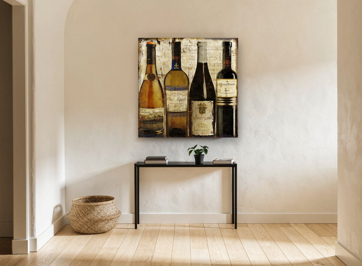 Four European Wine Bottles vintage canvas print on the wall of a hallway
