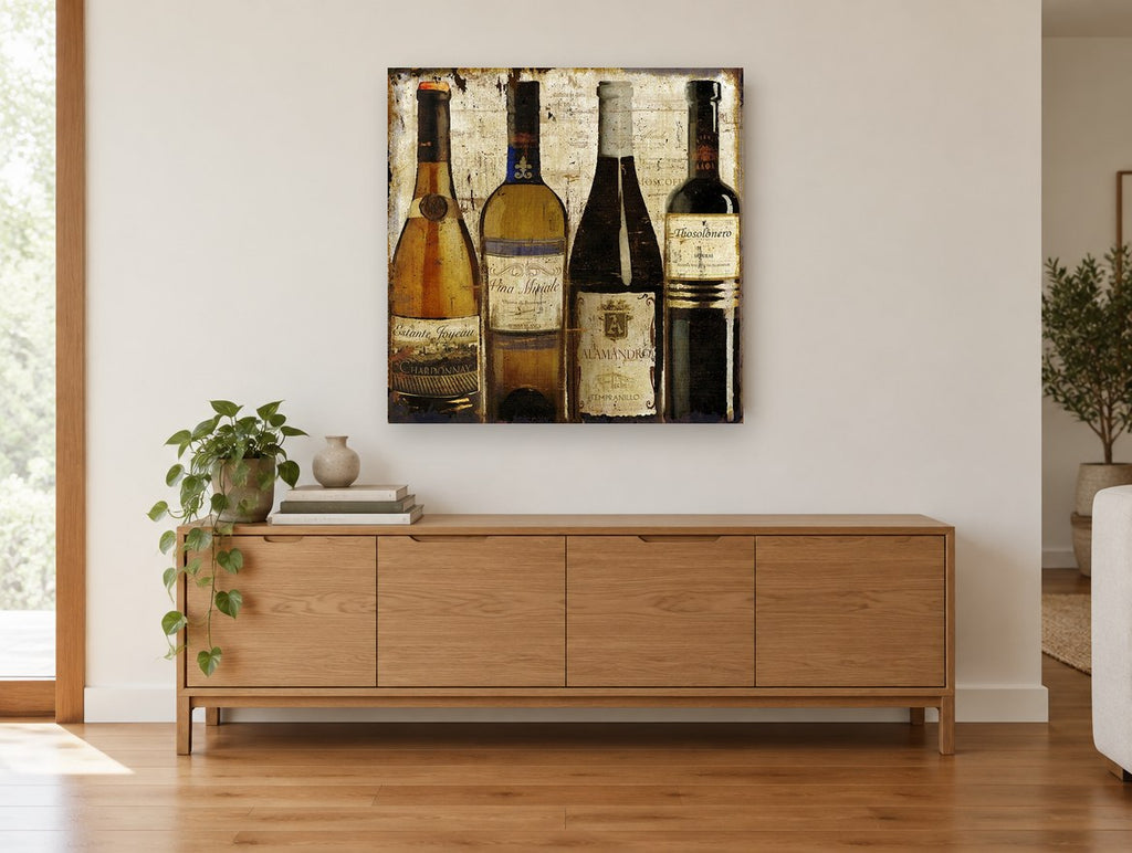Four European Wine Bottles vintage canvas print on the wall of a living room above a sideboard