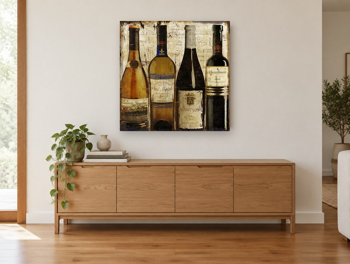Four European Wine Bottles vintage canvas print on the wall of a living room above a sideboard