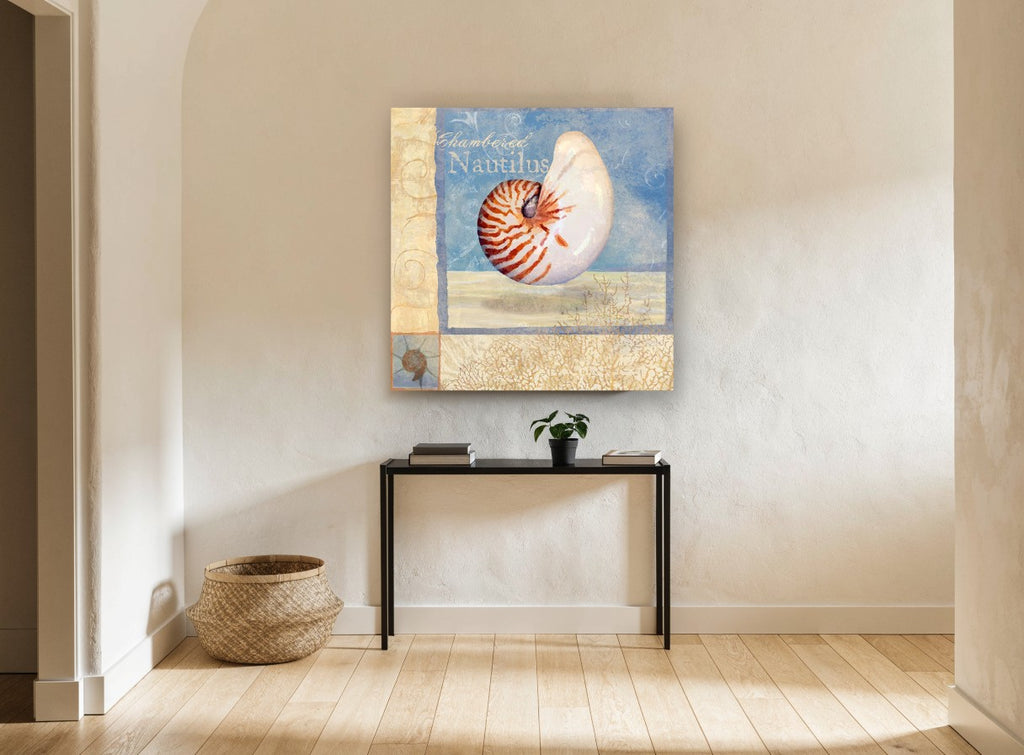 Floating Chambered Nautilus coastal canvas print on the wall of a hallway