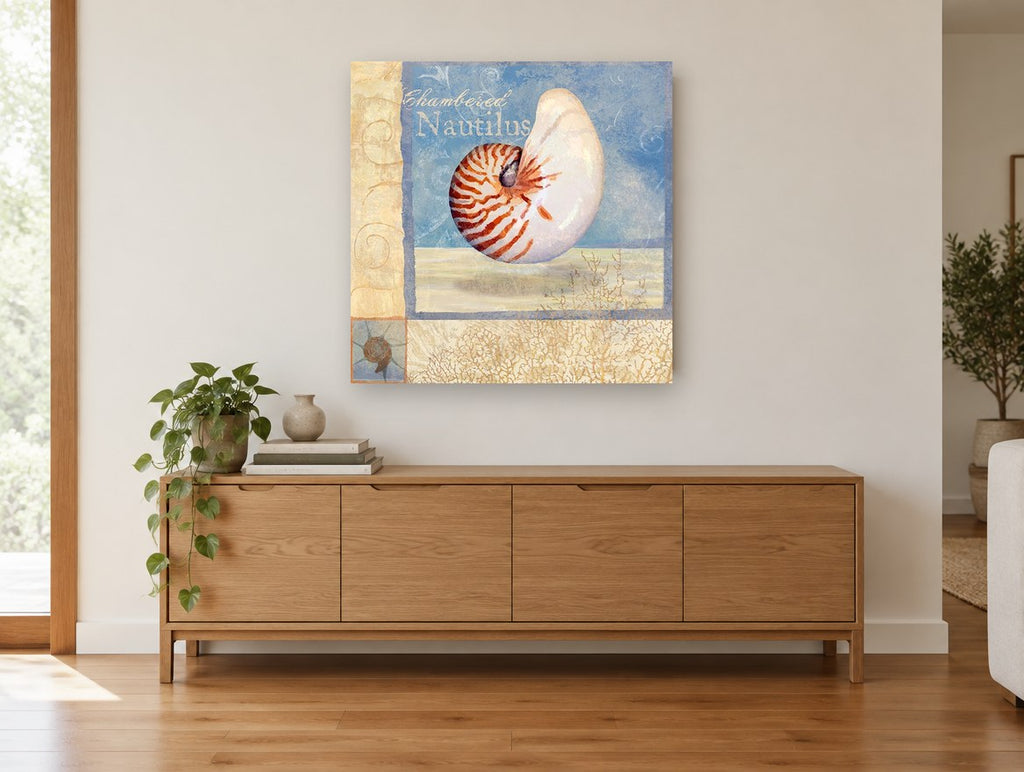 Floating Chambered Nautilus coastal canvas print on the wall of a living room above a sideboard