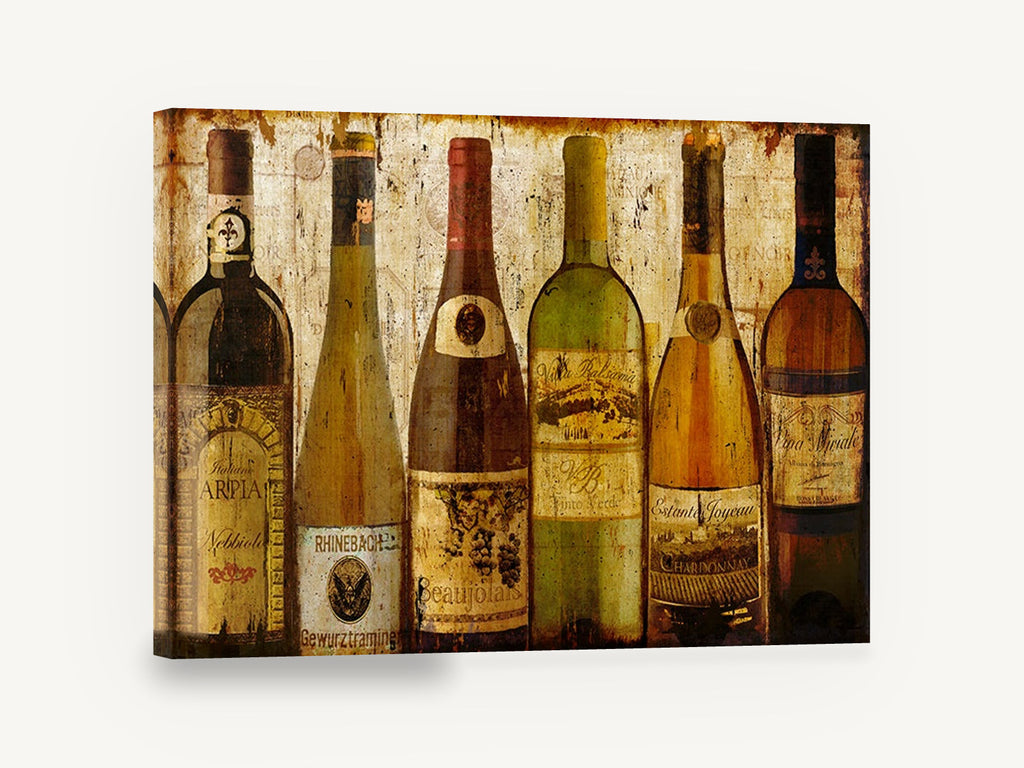 Six European Wine Bottles, vintage wine bottles labels kitchen, kitchen canvas wall art print ready to hang