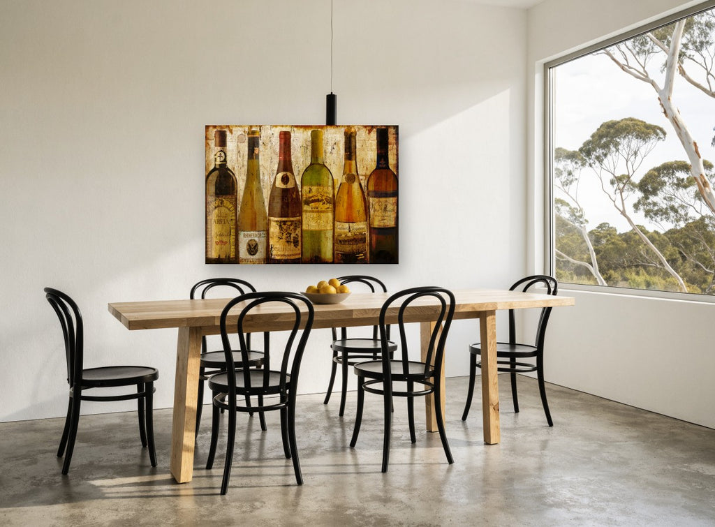 Six European Wine Bottles kitchen canvas print on the wall of a dining room