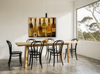 Six European Wine Bottles kitchen canvas print on the wall of a dining room