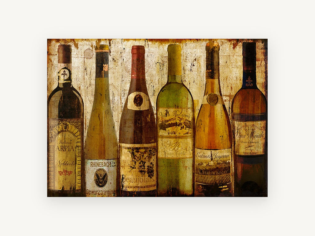 Six European Wine Bottles, kitchen canvas wall art print, front view