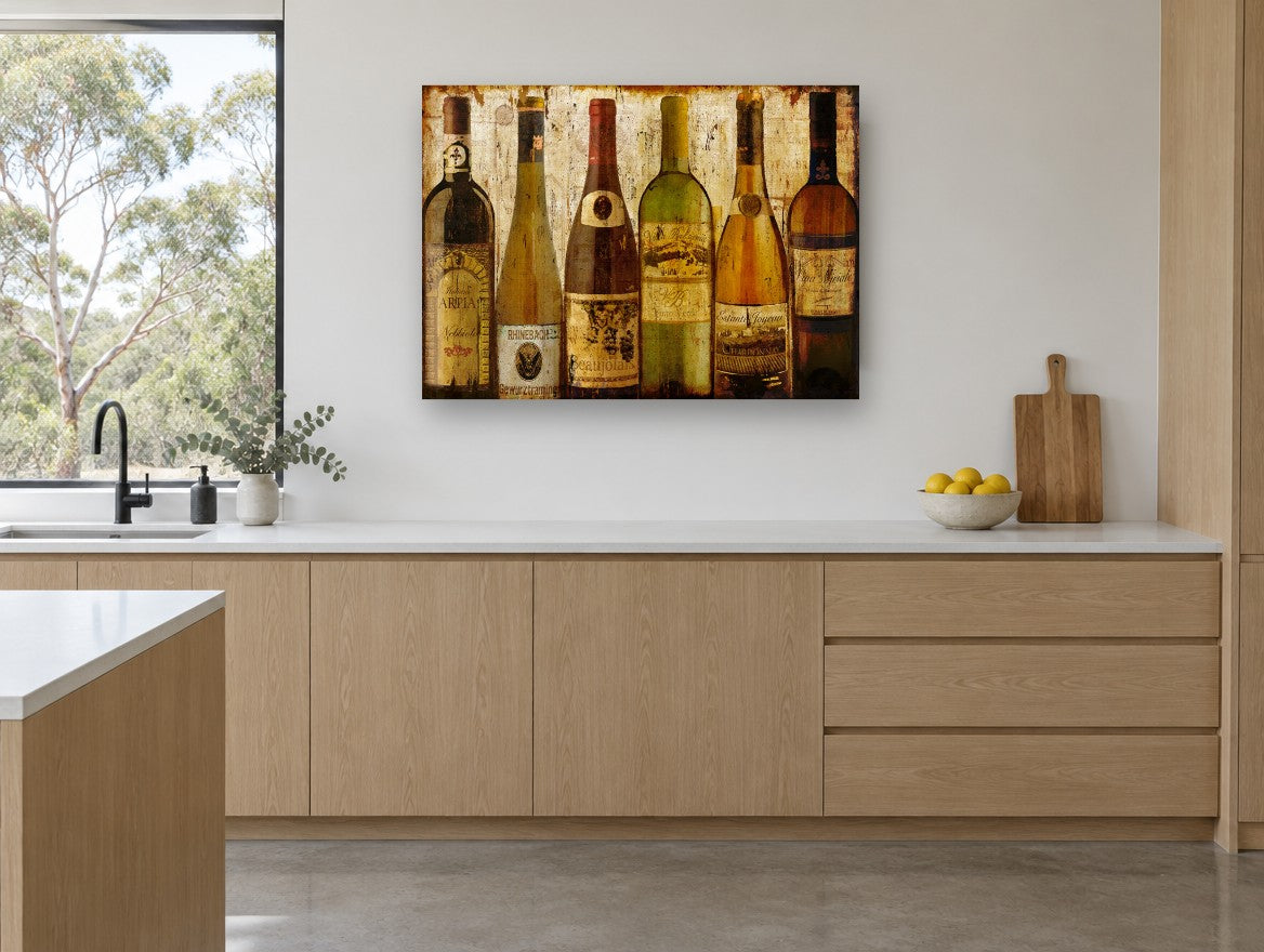Six European Wine Bottles kitchen canvas print on the wall of a kitchen